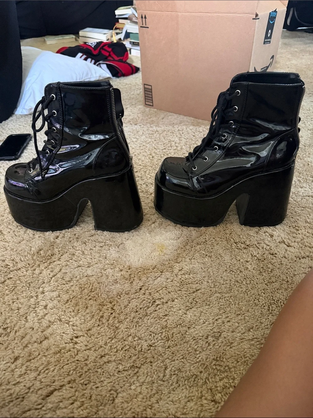 Demonia Black Patent High Platform Lace-Up Boots